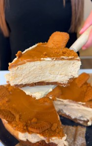 no bake cheesecake biscoff cookie slice